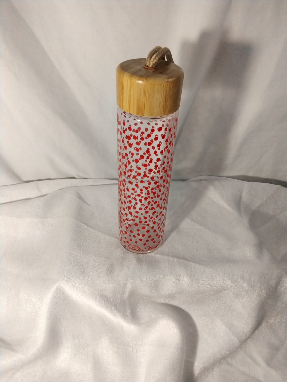 The Pioneer Woman Glass Water Bottle with Red Dot Print and Bamboo Lid